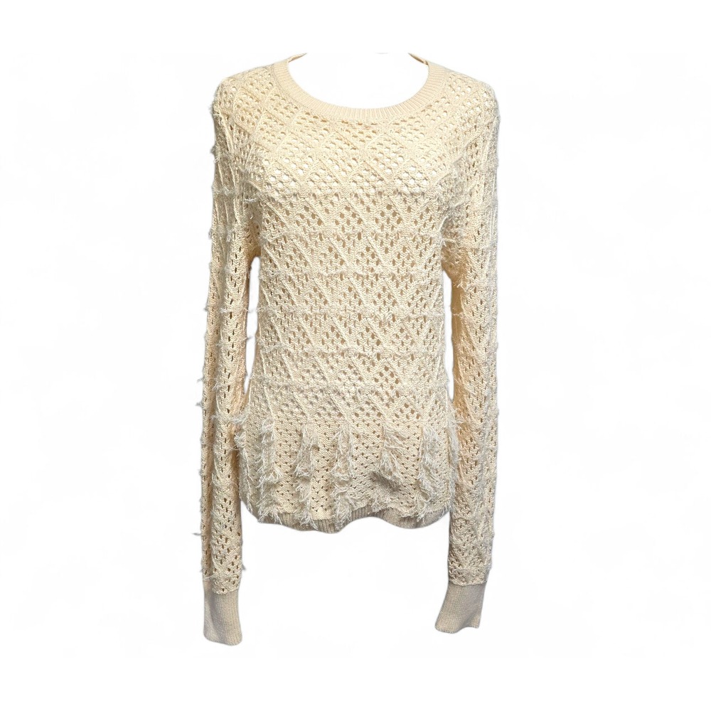 J. Crew Pointelle‎ Crewneck Sweater with Fringe Warm Sesame M NWT